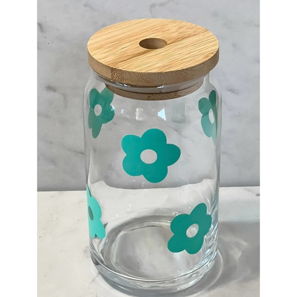 16 oz Glass Beer Can Aqua Flower Cold Brew Cup - Picture 2 of 8
